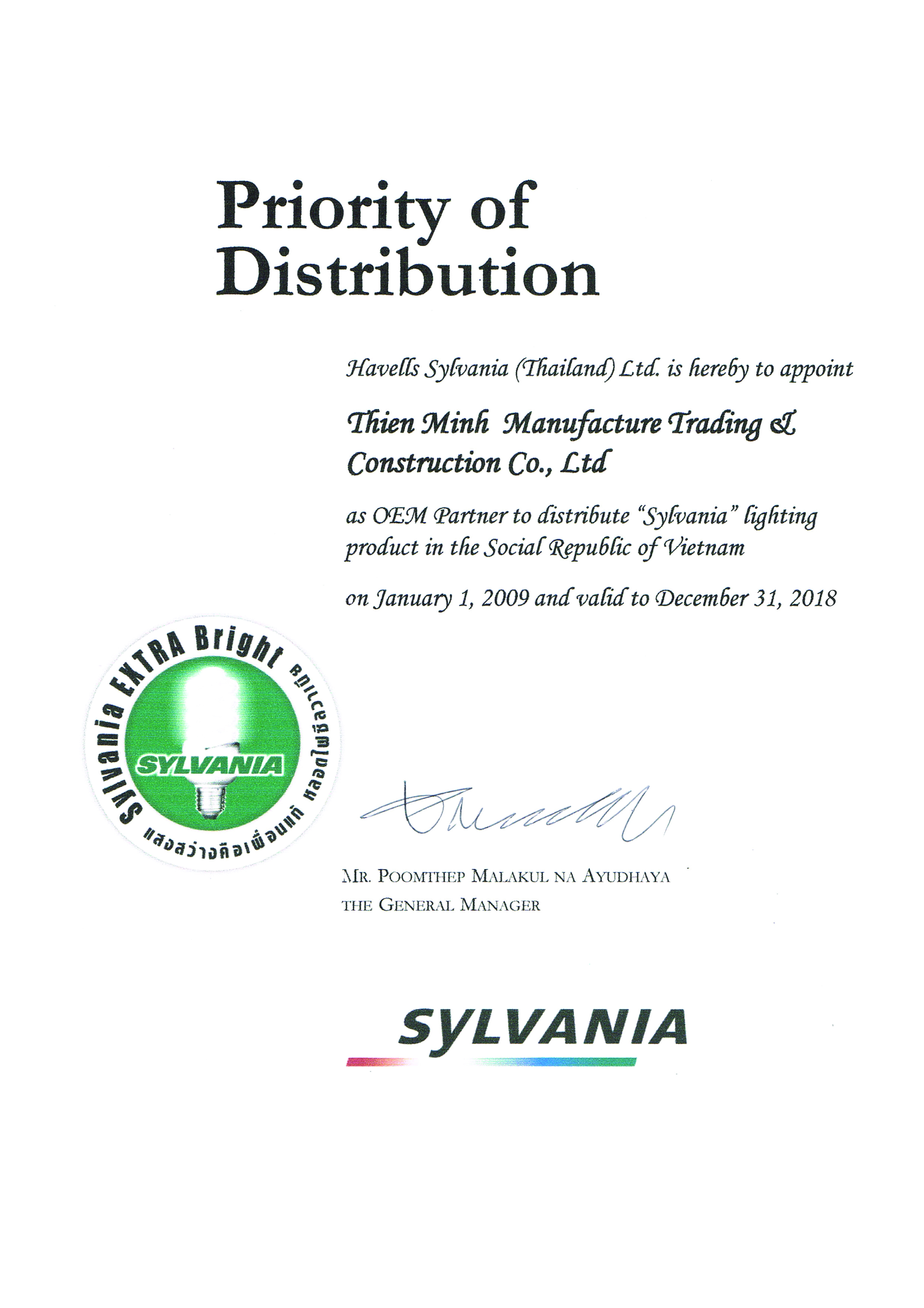 OEM SYLVANIA - Certificate of  distributor 2009-2018 - Thiên Minh - Công Ty TNHH Sản Xuất Thương Mại Và Xây Dựng Thiên Minh